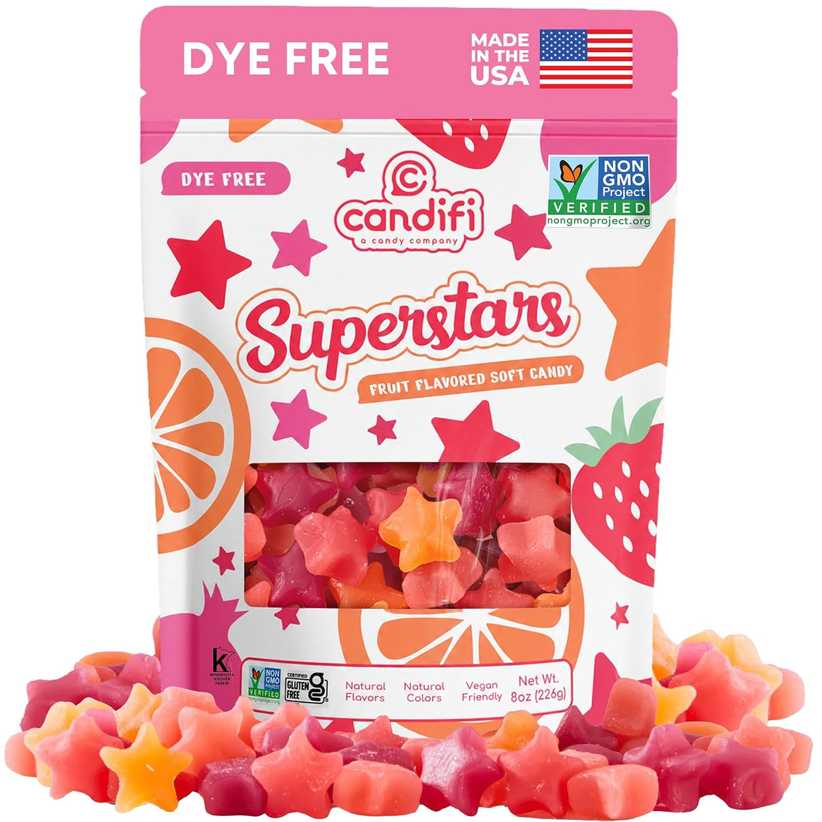 Dye Free Candy - Superstars Gummy Stars (8 Oz) - Vegan Candy - Non GMO - Fruit Flavored Soft Chewy Stars with Natural Colors & Flavors - Kosher No Gelatin, Gluten Free Snacks
