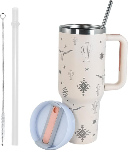 40 OZ Tumbler with Handle Laser Bull Head Pattern, Stainless Steel Insulated Cup with Straw, Travel Coffee Cup Portable Car Tumbler for Outdoor Camping, Birthday Gift (Rose Quartz)