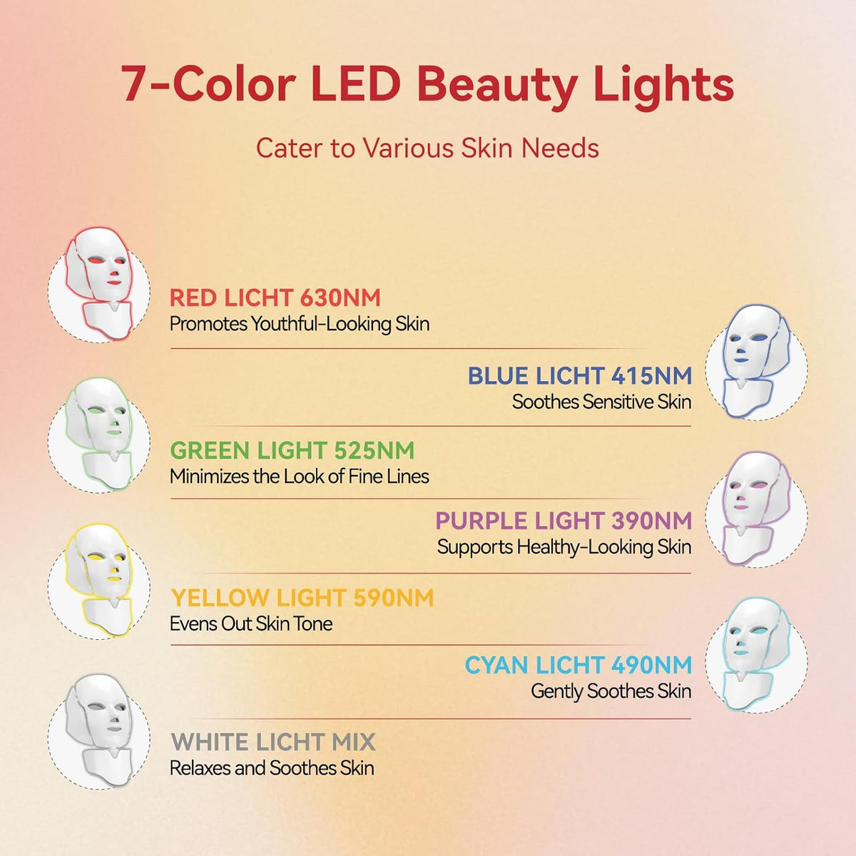 LED Face Mask Light Therapy, 7 Colors for Skin Vitality, Home Beauty Device - Light Therapy for Face