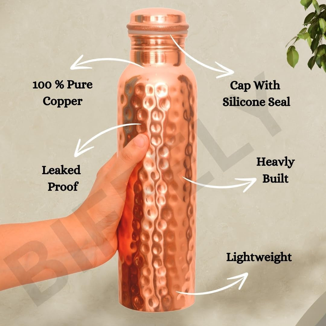 Copper Water Bottle - 34OZ - Handcrafted Ayurvedic 100% Pure Copper Water Bottle for Drinking |Men & Women| Leak-Proof Lid BPA Free Non-Insulated & Eco Friendly for Sport & Travel