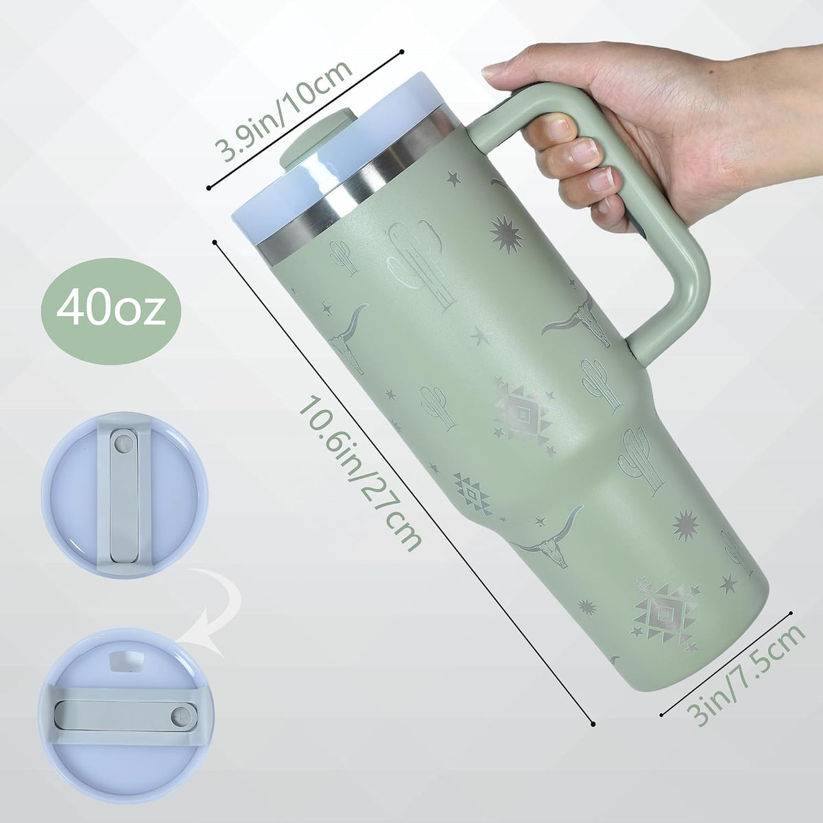 40 OZ Tumbler with Handle Laser Bull Head Pattern, Stainless Steel Insulated Cup with Straw, Travel Coffee Cup Portable Car Tumbler for Outdoor Camping, Birthday Gift (Rose Quartz)