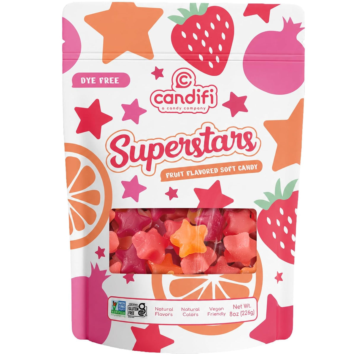 Dye Free Candy - Superstars Gummy Stars (8 Oz) - Vegan Candy - Non GMO - Fruit Flavored Soft Chewy Stars with Natural Colors & Flavors - Kosher No Gelatin, Gluten Free Snacks